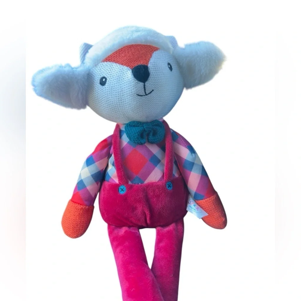 Spark imagine Adorable Plush Fox with preppy suspenders & plaid top & bow tie